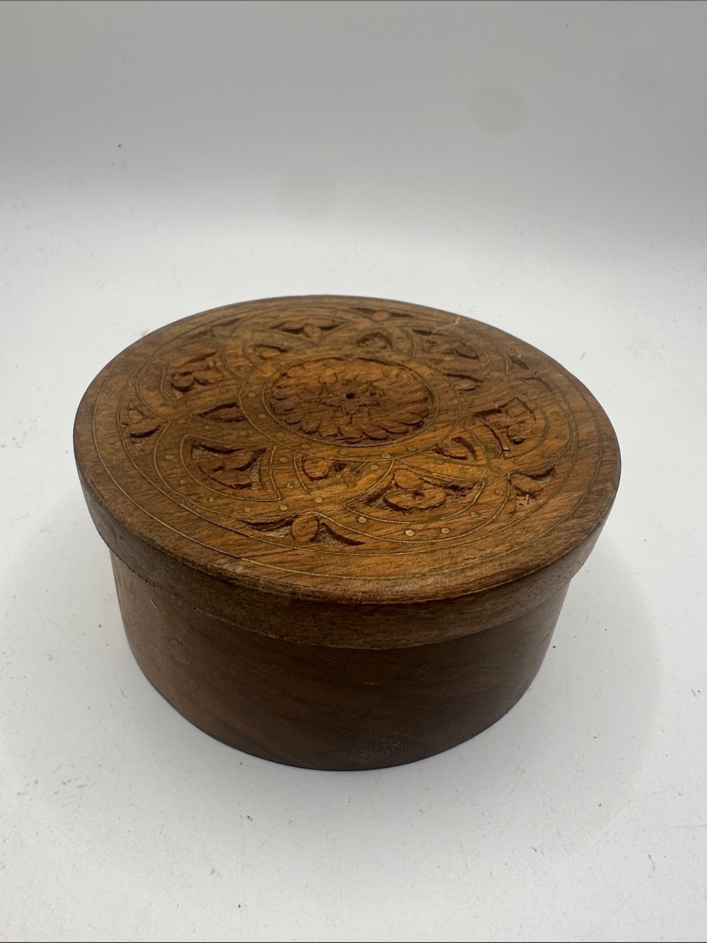 Hand-Carved Round Wooden Keepsake Box in Brown -